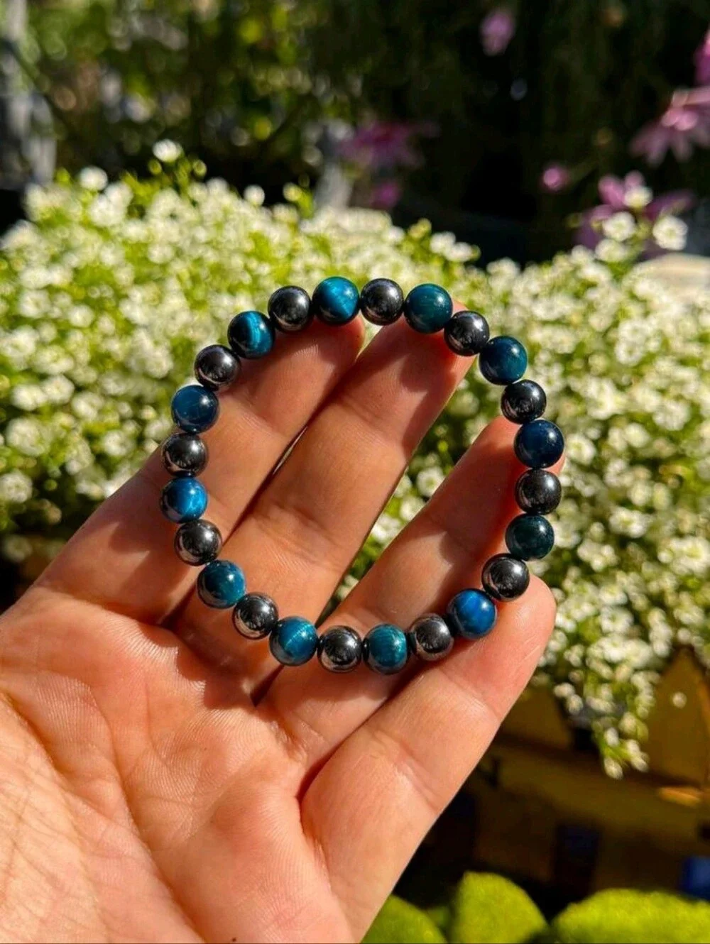 8mm Blue Tiger Eye & Hematite Beaded Bracelet For Men & Women, Daily Wear To
